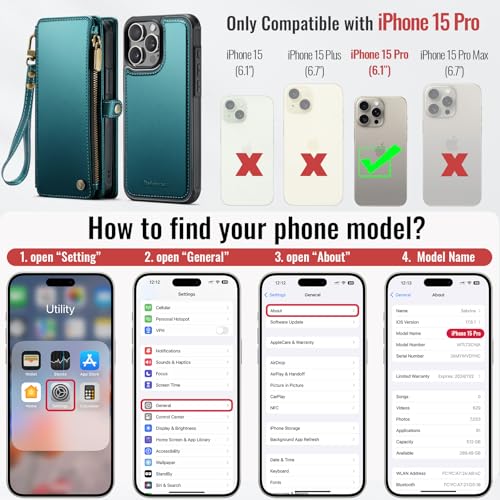 Defencase for iPhone 15 Pro Magnetic Wallet Case Compatible with Magsafe with RFID Blocking Zipper Strap Card Holder for Women, PU Leather Detachable Case for iPhone 15 Pro (6.1 inches), Blue Green