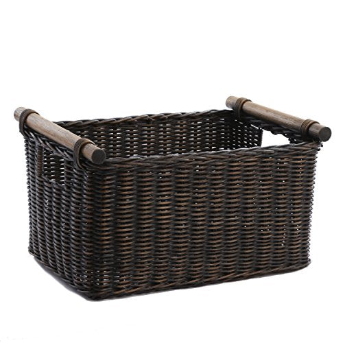 The Basket Lady Pole Handle Wicker Storage Basket, Small, 14 in L x 10 in W x 7.5 in H, Antique Walnut Brown