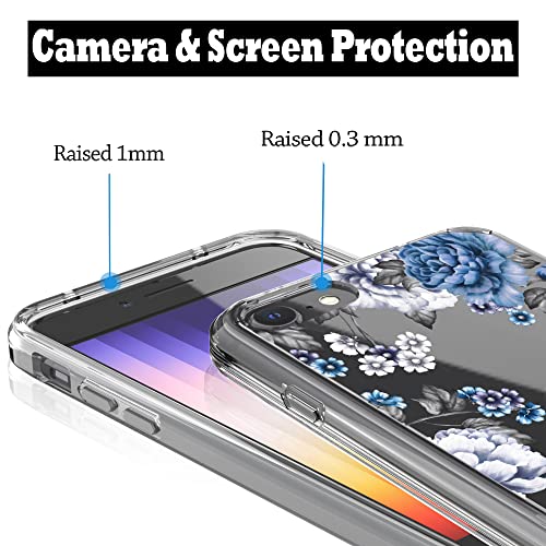 RANZ Compatible with iPhone SE (2022) Case, Anti-Scratch Shockproof Clear Protective Cover Case for iPhone SE (2022) / iPhone SE (2020) / iPhone 8 / iPhone 7 - Blue Roses