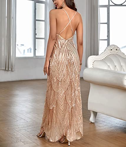 Women's V Neck Spaghetti Straps Sequin Sparkly Glitter Irregular Hem Prom Dress Bcakless Maxi Evening Gowns XL Wine