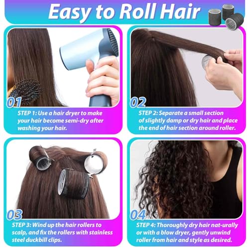 Rollers Hair Curlers 48 Pcs Set with 24Pcs Hair Rollers 4 Sizes (6 Jumbo Rollers/6 Large Rollers/6 Medium Rollers/6 Small Rollers) and 24 Pcs Hair Clips for Long Medium Short Hair (Black)