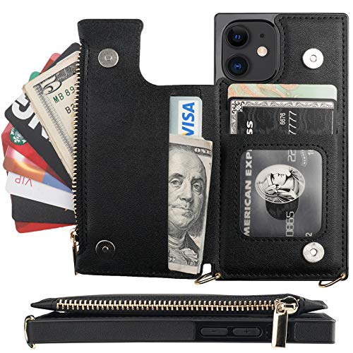 Bocasal Crossbody Wallet Case for iPhone 12 Mini with Card Holder,Zipper Card Slot Protector Shockproof Purse Cover with Removable Cross Body Strap 5.4 Inch(Black)