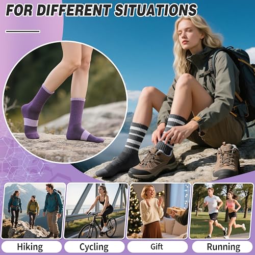 EBMORE Womens Merino Wool Hiking Socks Thermal Warm Winter Boot Crew Cushion Work Gift Socks 5 Pairs(Striped-A,M)