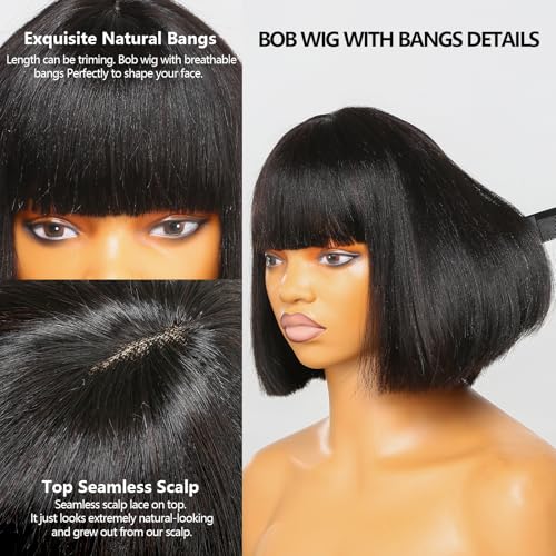 BAOHUKE 10 Inch Yaki Straight Bob Wig With Bangs Human Hair Glueless 2x1 Closure HD Lace Short Black Bob Wigs With Bang Human Hair Ready to Go 180% Density For Black Women
