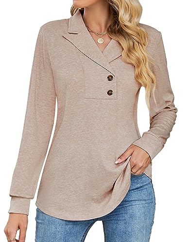Micoson Women's Casul Long Shirts To Wear With Leggings Lapel V Neck Pullover Cotton Tunics to Wear with Leggings Ladies Tops Navy Blue L