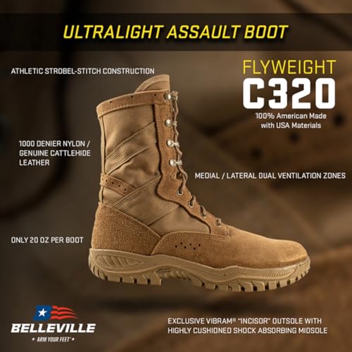 B Belleville Arm Your Feet C320 One Xero 8 Inch Combat Boots for Men - Ultra-Lightweight Army/Air Force OCP ACU Brown Leather with Vibram Incisor Traction Outsole; Berry Compliant, Coyote - 7 R