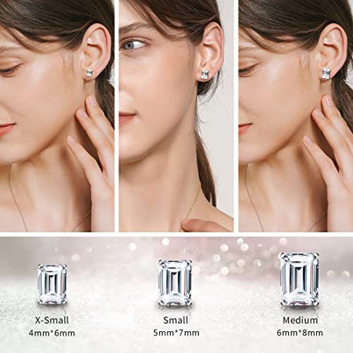 "STUNNING FLAME" 18K White Gold Plated 925 Sterling Silver Cubic Zirconia Emerald Cut Stud Earrings | CZ Studs for Women, Men and Girls (Emerald,4)