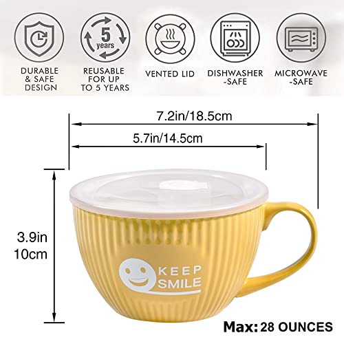 fMSDD Keep Smile Large Soup Mug with Lid, Funny Icon Ramen Bowl Ceramic Bowls with Handle, 28oz, Apricot Yellow