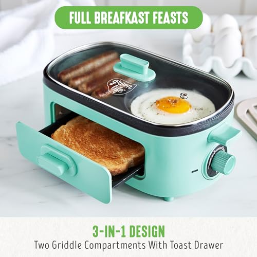 GreenLife 3-in-1 Breakfast Station, Ceramic Nonstick PFAS-Free Dual Griddles for Eggs Meat Pancakes & Sandwiches + 2-Slice Toast Drawer, Healthy Cooking, Timer, Versatile Morning Meal Maker, Turquoise