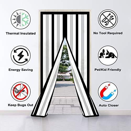 Magnetic Insulated Door Curtain, Thermal Door Cover Screen Door Self-Closing Privacy Magnetic Screen Door Hands Free for Patio, Kitchen, Bedroom, Air Conditioner Room, Fits Doors up to 34" x 80"
