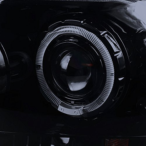 SPEC-D TUNING Halo Rim LED Glossy Black Housing Smoke Lens Projector Headlights Compatible with 1999-2004 Ford F-250/F-350/F-450/F-550 Super Duty, Left + Right Pair Headlamps Assembly