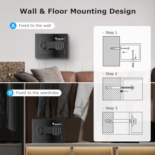 Bonsaii Safe Box for Money, 0.18 Cubic Feet Small Home Safe Lock Box with Electronic Keypad, Steel Construction Security Hidden Safe with Key, Mini Safe for Home Office Hotel, 6.69'' x 9.06'' x 6.69''