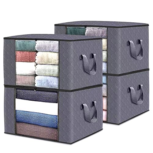 Large Clothes Storage Bags, JOZUTTOW 4 Pack Closet Organizers and Storage, Foldable Blanket Storage Bags with Durable Handles Thick Fabric for Clothing, Bedroom, Comforter, Closet, Dorm, Toys Grey