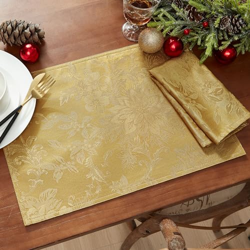 Elrene Home Fashions Poinsettia Elegance Jacquard Christmas/Holiday Waterproof Stain Resistant Dining Tablecloth, 60"X144" Oblong/Rectangle, Red