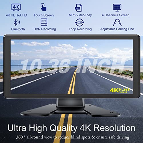 4K RV Backup Camera System 10.36" Quad Split Touch Screen Monitor with 4 1080P Rear Side View Camera, DVR Recording Bluetooth MP3 MP5 IP69 Waterproof Night Vision for RV Truck Trailer Tractor