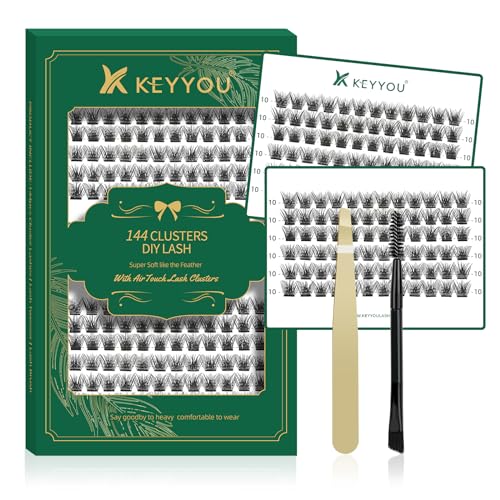 Lash Clusters,96 Pcs Cluster Lashes D Curl 14mm DIY Lash Extensions Eyelash Clusters,KEYYOU Volume Wispy Individual Lashes Soft&Comfortable Easy DIY at Home(Y10,D-14mm)