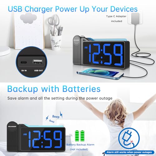 Peakeep Digital Clock, Nightlight Projection Alarm Clock for Bedroom Ceiling, LED Plug in Electric Bedside Clock USB Charger, Battery Backup, Large Numbers Loud Alarm Clock for Heavy Sleepers (Blue)