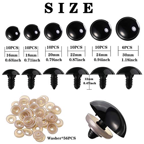 WILLBOND 56 Pcs Large Safety Eyes Stuffed Animal Eyes Plastic 16-30 mm Craft Crochet Eyes for DIY of Puppet Bear Doll Making, 6 Sizes