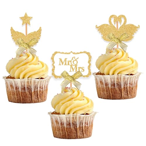Blopee Wedding Cupcake Topper, Oblong Gold Mr and Mrs Cake Topper, Funny Wedding Cake Toppers Bride and Groom, 12 PCS Elegant Wedding Toppers for Cake Decorations