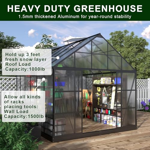 AMERLIFE 12x10x10FT Polycarbonate Greenhouse with 2 Sliding Doors 4 Vents Walk-in Premium Professional Greenhouse Storage Aluminum Large Hot House for Outdoor Sunroom Garden Backyard Matte, Black