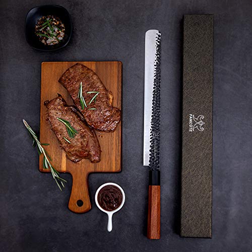 FAMCÜTE 12 Inch Slicing Carving Knife, 5 Layer 9CR18MOV Clad Steel w/octagon Handle brisket knife for Home Kitchen and Restaurant Slicing Brisket Turkey Meat