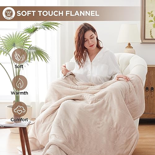 Westinghouse Heated Blanket Throw, Electric Throw with 6 Heating Levels, 2-10 Hours Time Settings, Overheat Protection, Machine Washable, Flannel (Throw, 50x60 Inches, Beige)