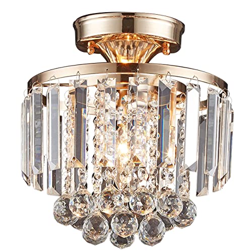 MonDaufie Mini Gold Crystal Chandelier,Semi Flush Mount Crystal Ceiling Light Fixture,French Gold Crystal Closet Mini Ceiling Light Fixture for Hallway Entryway Living Room Bedroom, H10.23 xD9.05