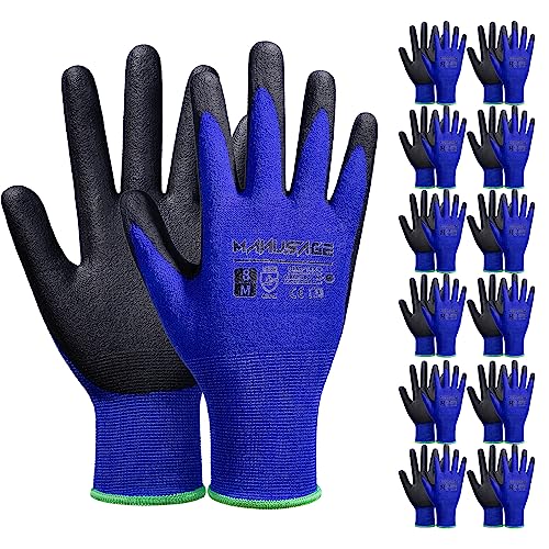 MANUSAGE Safety Work Gloves Men and Women, Microfoam Nitrile Work Gloves Medium, Thin Work Gloves With Touchscreen Fingers, Work Gloves Women, Men's work gloves with grip, 12 Pairs, Grey