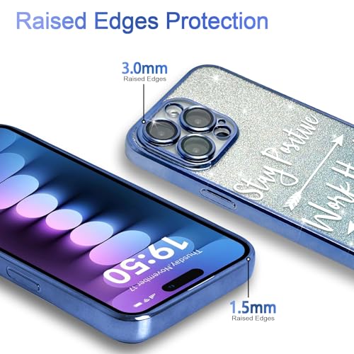 MGQILING Compatible with iPhone 14 Pro Max, Fashion Plating Pattern Slogan Bling Case, Handwritten Letter and Cupid's Arrow Design Case for Women Girls Full Camera Lens Protective Back Cover-Blue