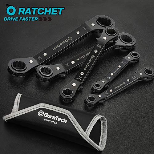 DURATECH 5 Pc Double Offset Box End Reversible Ratcheting Wrench Set Metric, Heavy-duty, Matte Chrome Plated, Ratchet Spanner Crooked for Narrow Spaces (6x8 mm, 10x12 mm, 13x14 mm, 15x17 mm, 19x21 mm)