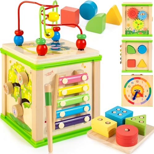 WOODMAM Wooden 7-in-1 Activity Cube| Montessori Toys for 1 2 3 Year Old Toddlers| Baby Educational Developmental Toys |One Year Old Boys Girls First Birthday Gifts |Bonus Sorting & Stacking Board