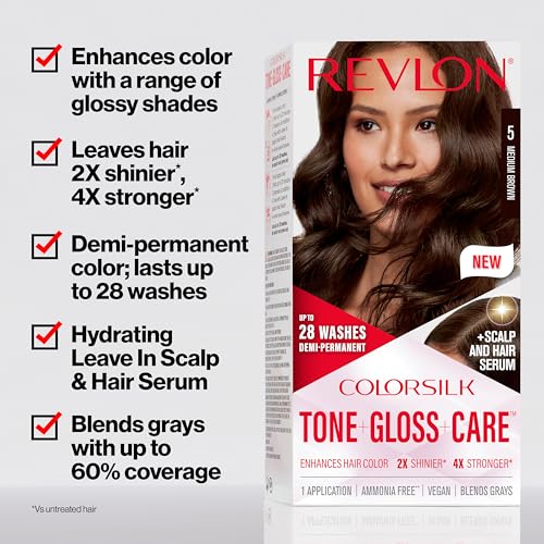 Revlon ColorSilk Tone + Gloss + Care Demi Permanent Hair Color, Hair Dye with Leave in Scalp and Hair Serum, 2x Shinier, 4x Stronger, 3 Brown Black, 4.5 fl. oz