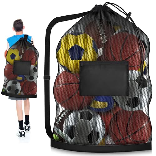 Extra Large Soccer Ball Bag, 40" x 30" Drawstring Mesh Ball Bag with Pocket, Heavy Duty Sport Net Sack for Coaches, Storage Bag for Basketball, Volleyball, Gym Equipment, Swimming Gear (1)