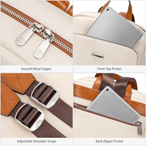 BOSTANTEN Leather Laptop Backpack for Women,15.6 inch Computer Backpack Purse College Daypack Work Travel Bag Beige-White