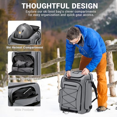 FIXITOK Ski Boot Bag Backpack, 60L Waterproof Snow Boot, Board, Helmet, Goggles, Gloves Travel Backpack for Ski, Snowboard, Youth, Women, Men