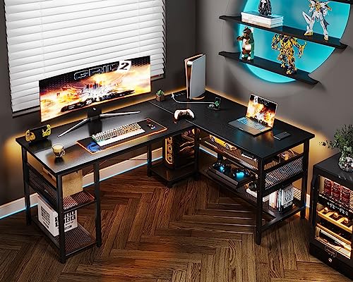 ODK 59" L Shaped Desk with Power Outlet and USB Charging Ports, Reversible L Shaped Computer Desk with Storage Shelves, Home Office Desk, Gaming Desk, Corner Desk, Black