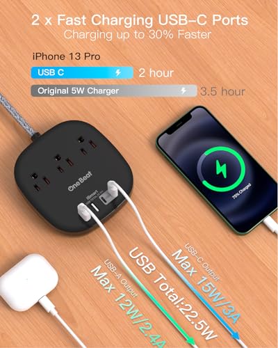 Flat Plug Power Strip, 5ft Flat Extension Cord - 3 Outlets 4 USB Ports (2 USB C) 22.5W/4.5A Desktop Charging Station, Power Strip No Surge Protection for Cruise Ship, Dorm Room Travel Essentials - BK