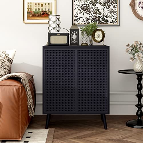 JZXSHD Buffet Cabinet, Metal Rattan Sideboard Kitchen Storage Cabinet Accent Modern Buffet Sideboard 2 Doors for Kitchen Room Living Room Hallway, Black