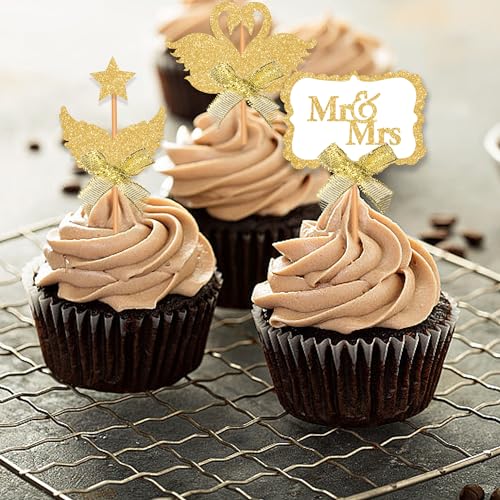 Blopee Wedding Cupcake Topper, Oblong Gold Mr and Mrs Cake Topper, Funny Wedding Cake Toppers Bride and Groom, 12 PCS Elegant Wedding Toppers for Cake Decorations