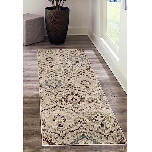 Superior Indoor Area Rug, Jute Backed, Modern Oriental Floral Damask Floor Decor for Office, Living Room, Bedroom, Entryway, Dining/Kitchen, Hardwood, Tile, Augusta Collection, 8' x 10', Blue Beige