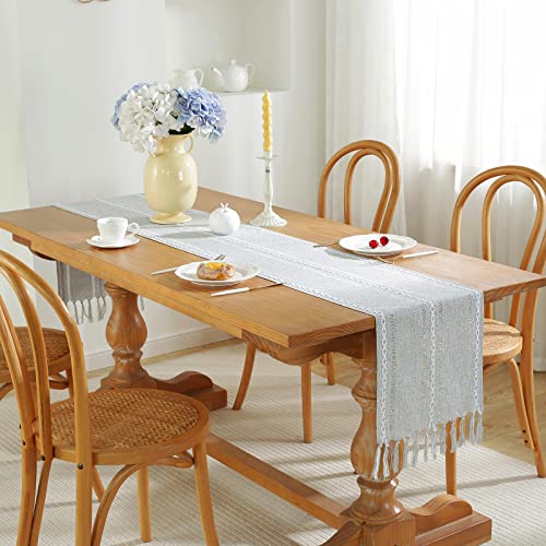 Laolitou Rustic Table Runner with Tassels, Cotton Linen Table Decoration for Holiday Party, Farmhouse Table Runners, Wedding and Dining Decorations, 36 Inches, Pink