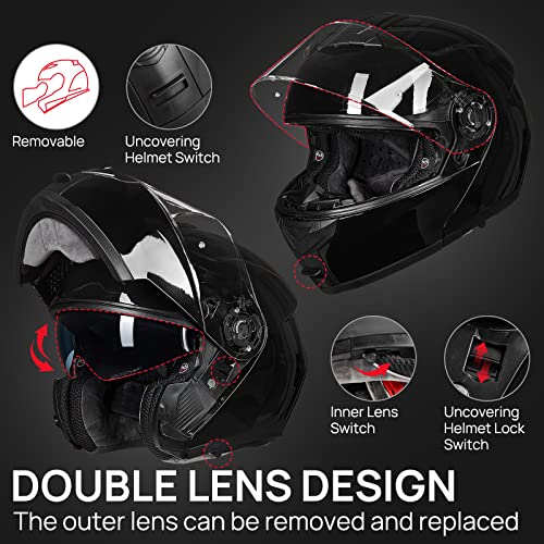 ILM Adult Motorcycle Modular Full Face Helmet Flip up Dual Visor DOT Approved Model 159(Gloss Black,Small)