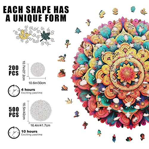 Colorful Mandala Wooden Puzzles for Adults, 200 Piece Unique Shaped Wood Jigsaw Puzzles for Adults and Kids, Fun Challenging Puzzles Family Game Gift, Medium 11.4'' x 11.1''