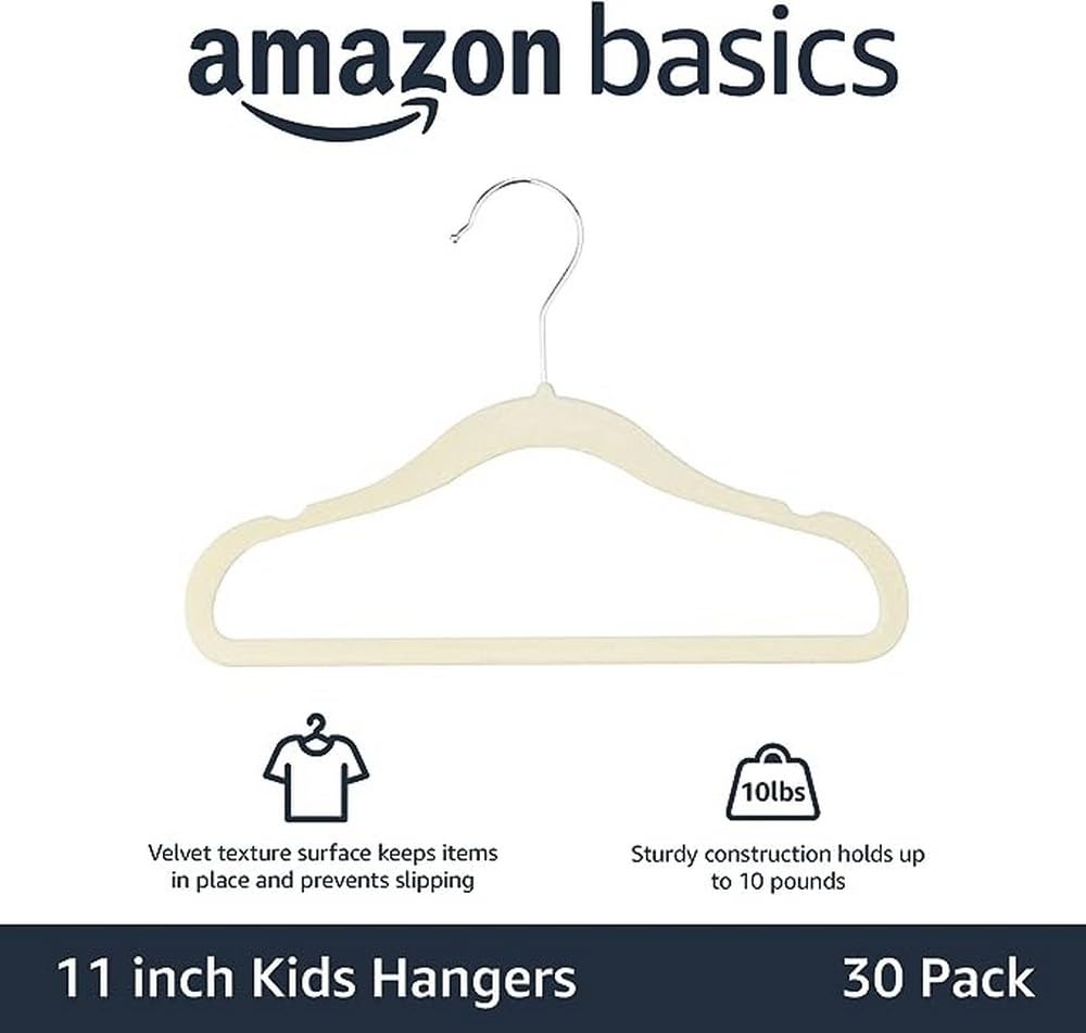 Amazon Basics Kids Velvet, Non-Slip Clothes Hangers (Baby/Toddler), 11.6 Inches (for Baby Clothes), Pack of 30, Beige