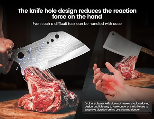 SYOKAMI Meat Cleaver Chef Knife, 7.7 Inch Multifunction Butcher Knife with Herb Stripper and Sheath, Chinese Cleaver Heavy Duty Bone Chopper, Meat Cutting, Damascus Pattern Full Tang Wood Handle