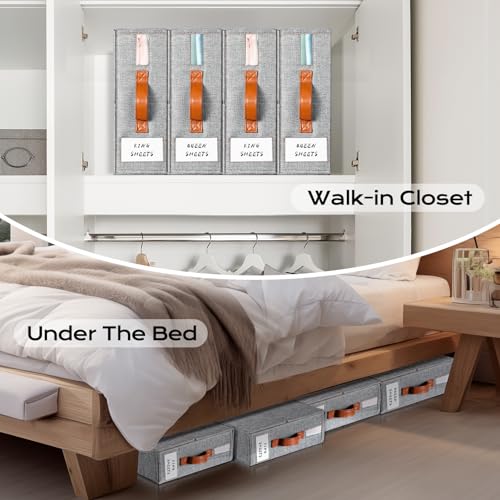 Yecaye Bed Sheet Organizers and Storage, 4 Pack Sheet Organizer for Linen Closet, Bedding Sheets Set Organizer (Queen & King Size) with Window for Bedsheets,Duvet Covers and Pillow, Beige