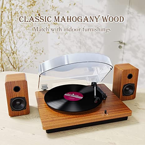 Record Player With 30W External Stereo Speakers, Belt-Drive Turntable, Bluetooth, 3 Speed, 3 Size Vintage Vinyl Player, Vinyl-to-MP3 Recording, Wireless AUX Headphone Input, Auto Stop