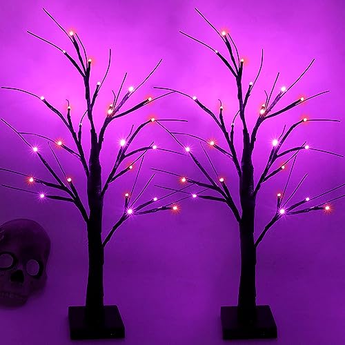 Halloween Decorations Indoor, 2-Pack 2FT Lighted Black Halloween Tree with 48 LED Orange & Purple Lights, Timer Function Battery Operated Halloween Trees Lights Spooky Tree for Tabletop Home Party