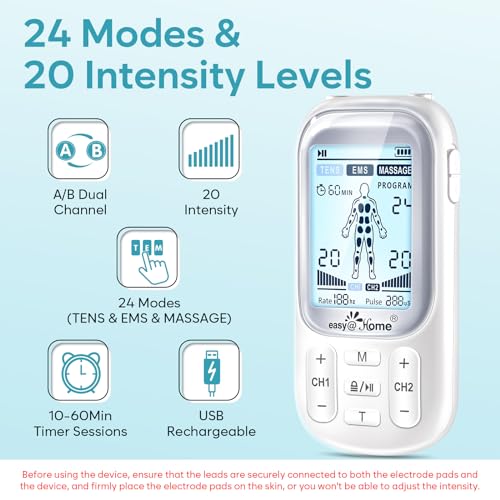 Easy@Home Electronic TENS Unit: Pain Relief Therapy - EMS Pulse Massager Rechargeable Machine - Dual Channel 24 Modes 20 Intensities 16 Pads TENS and Powered Muscle Stimulator EHE020