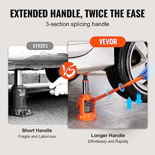 VEVOR Hydraulic Bottle Jack, 12 Ton/26455 LBS All Welded Bottle Jack, 7.5-14 inch Lifting Range, with 3-Section Long Handle, for Car, Pickup Truck, Truck, RV, Auto Repair, Industrial Engineering